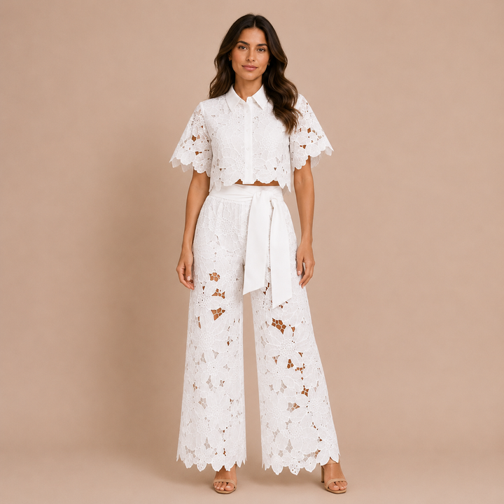 Cecilia - Set with Embroidered Lace and Palazzo Trousers with Bow