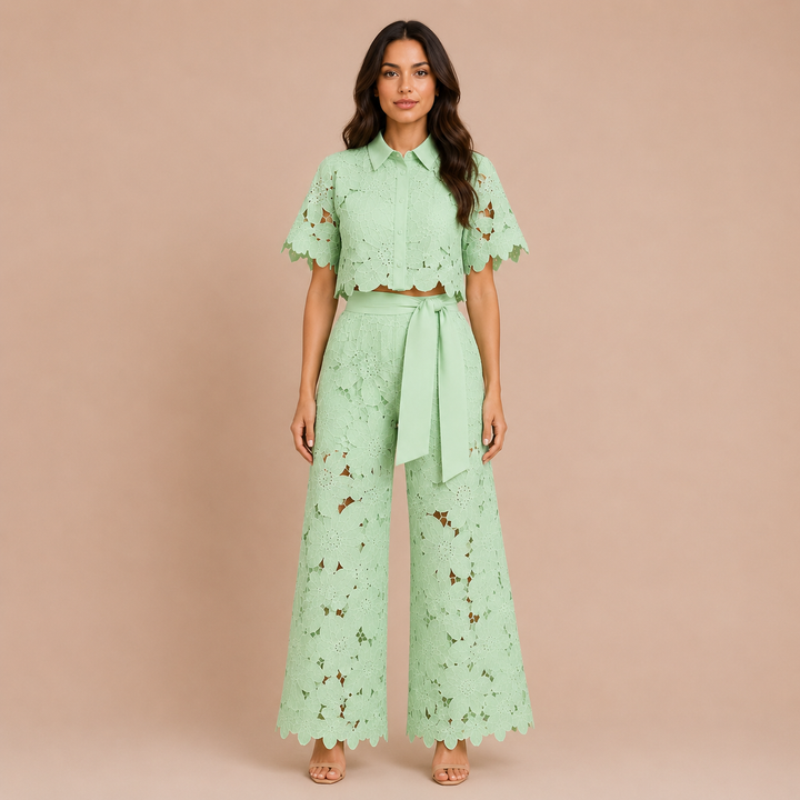 Cecilia - Set with Embroidered Lace and Palazzo Trousers with Bow