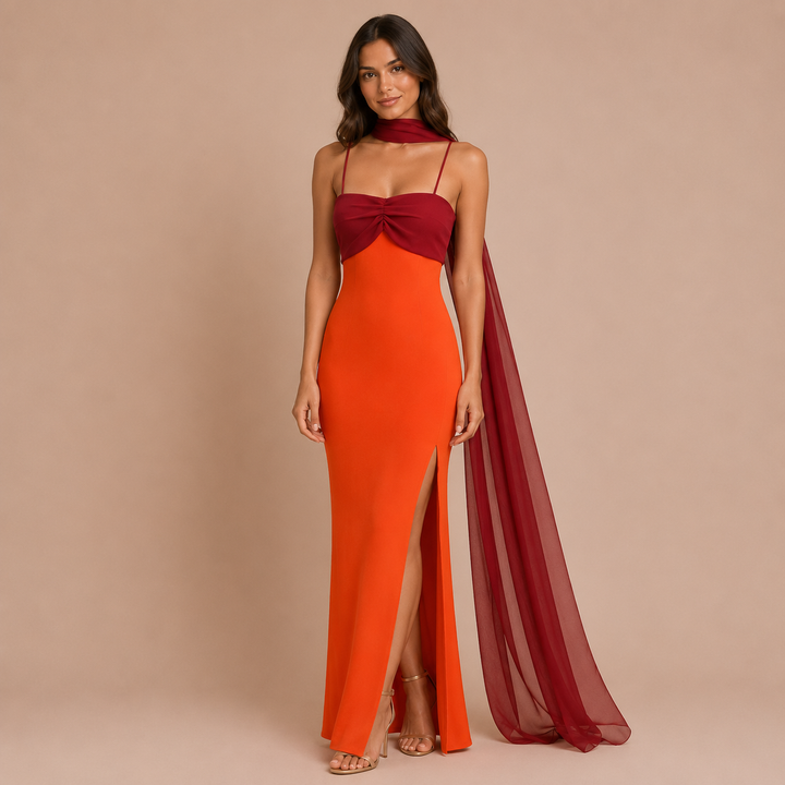 Carlota - Maxi Two-Tone Dress with a Fitted Silhouette