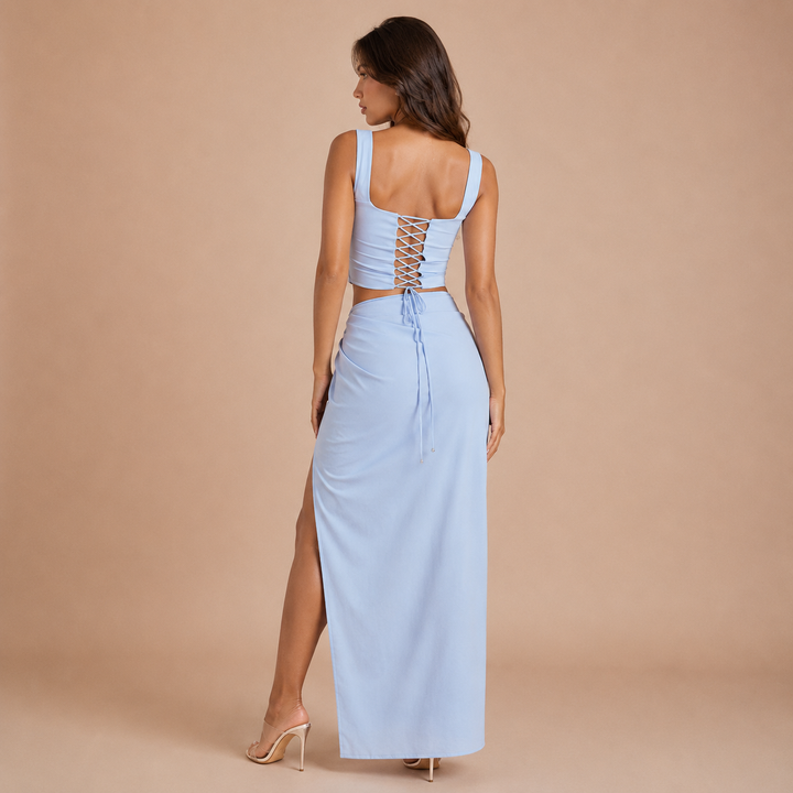 Dawn - Two-piece set with square neckline top and satin skirt