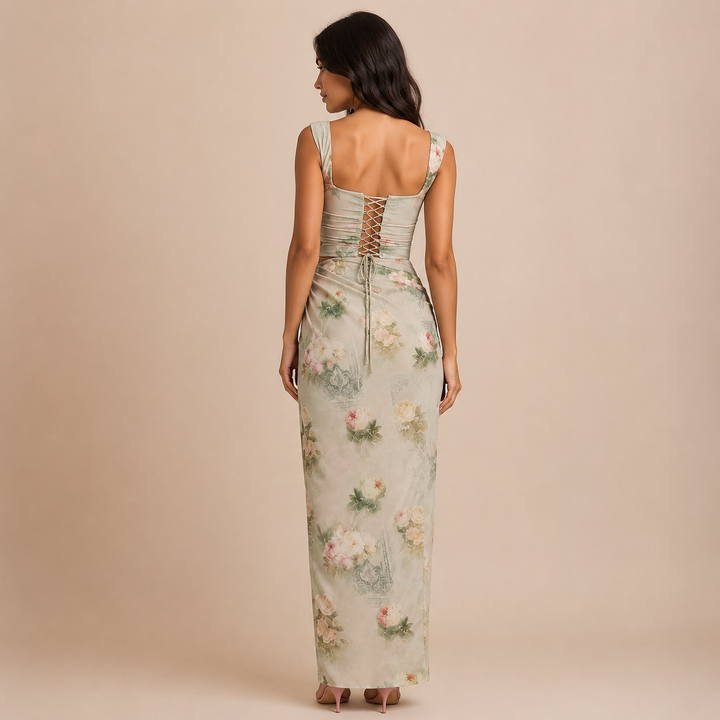 Aurora - Set with square neckline top and satin skirt
