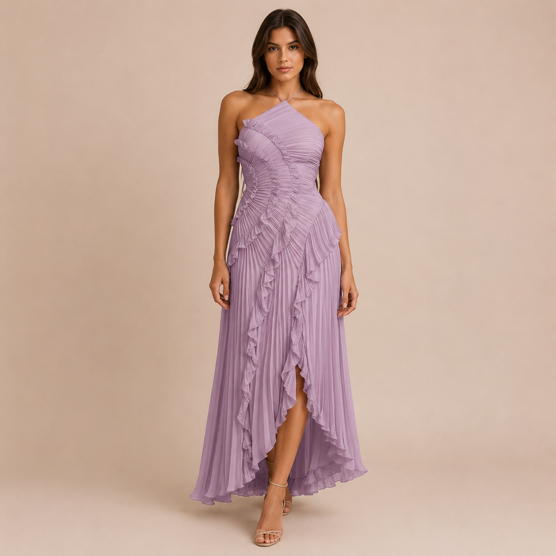 Olivia - Halter dress with pleats and asymmetric ruffles