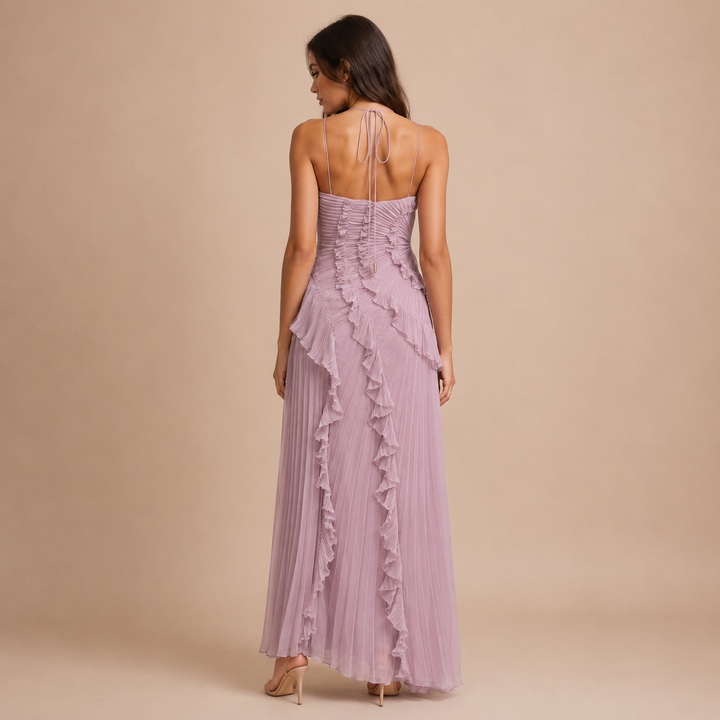 Olivia - Halter dress with pleats and asymmetric ruffles
