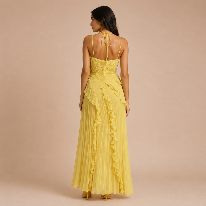Olivia - Halter Dress with Pleats and Asymmetrical Skirt