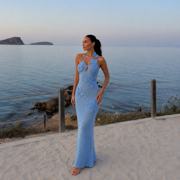 Mariposa - Long crochet dress with butterflies and halter neckline