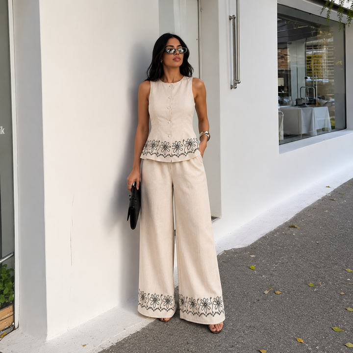 Esperanza - Linen Set with Floral Embroidery and Palazzo Trousers