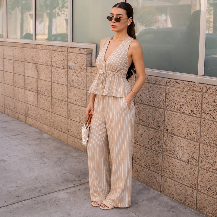 Paloma - Striped Set with V Neck Top