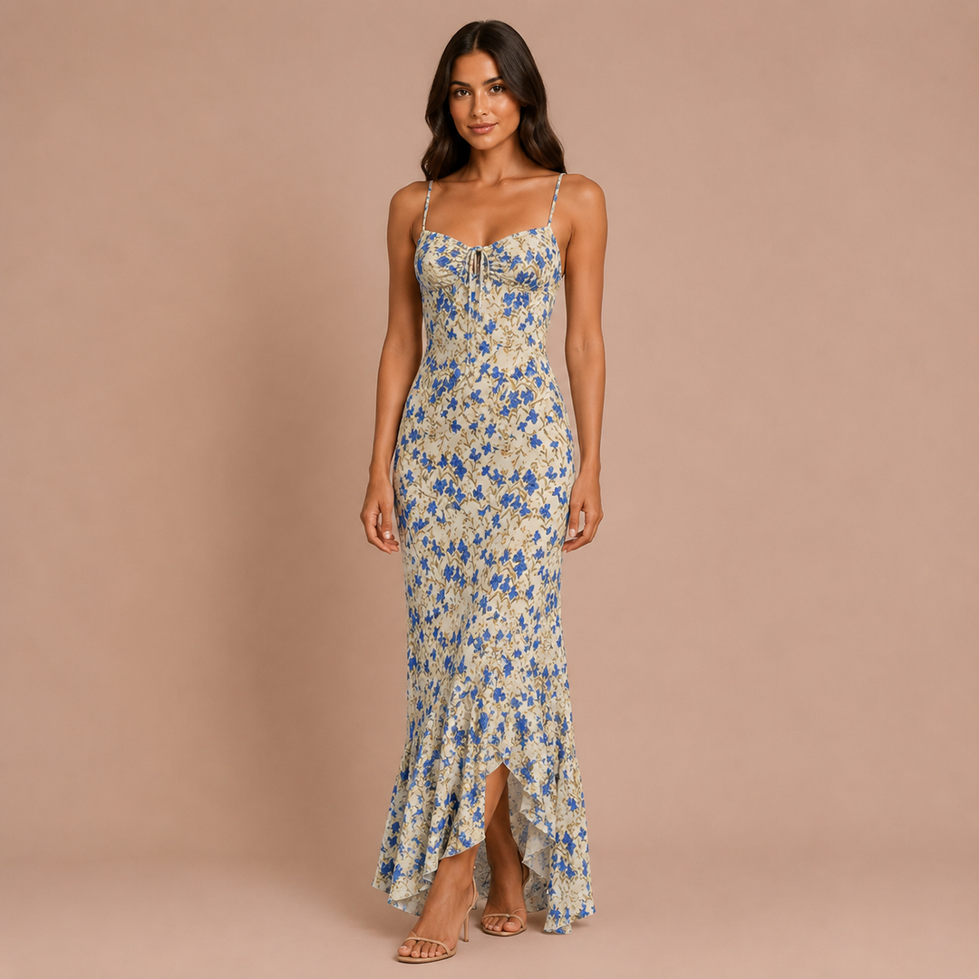 Maxi Dress with Floral Pattern and Tied Waist
