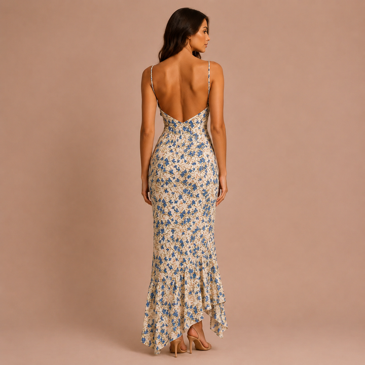 Maxi Dress with Floral Pattern and Tied Waist