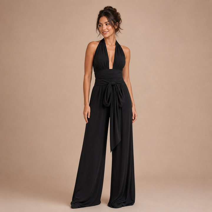 Triana – Monochrome Dress with Deep V-Neck and Satin Wrap at the Waist