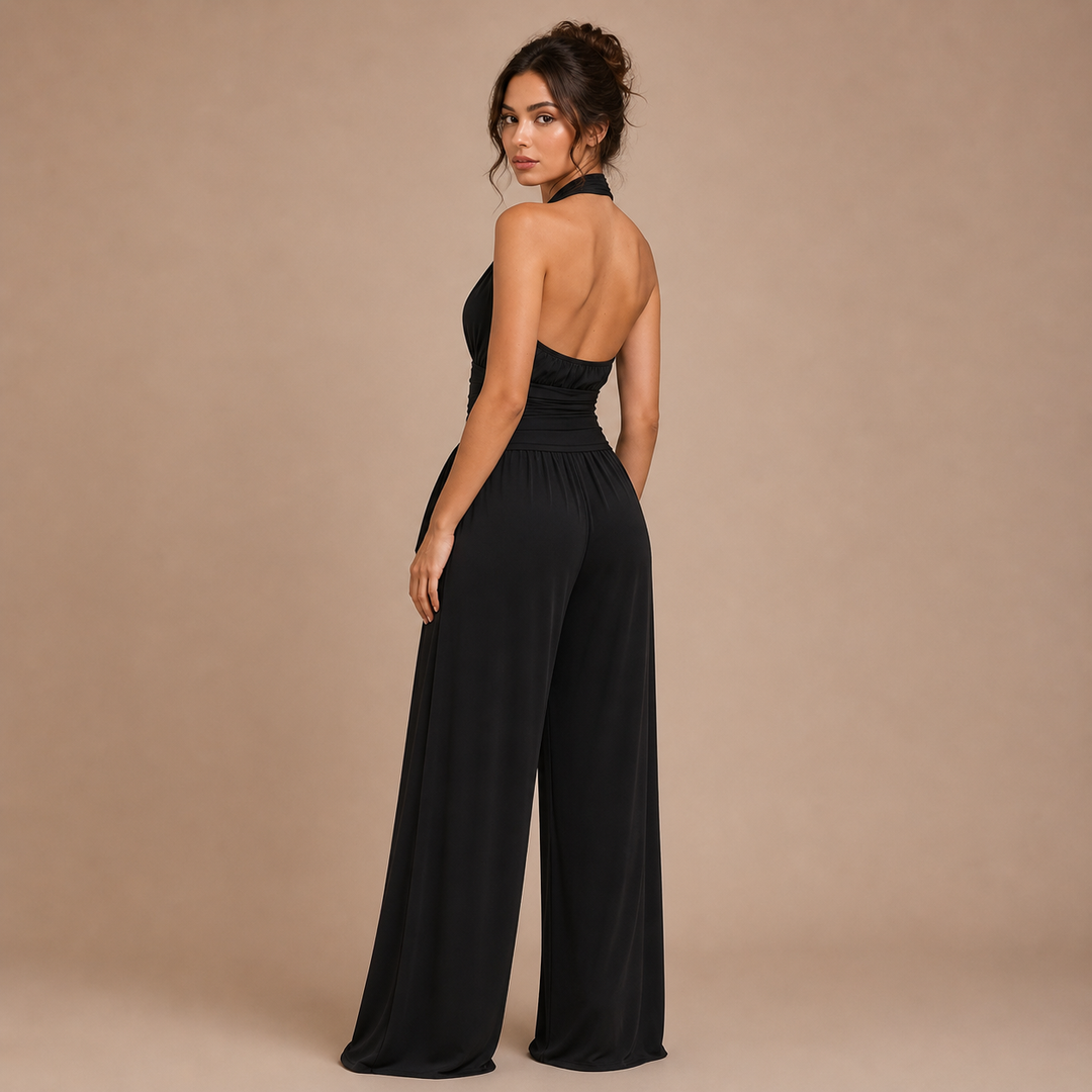 Triana – Monochrome Dress with Deep V-Neck and Satin Wrap at the Waist