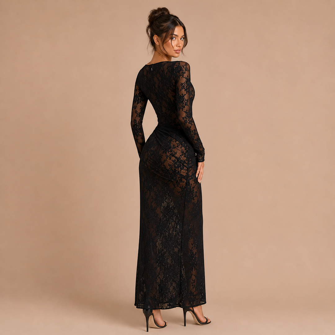 Selene – Lace Dress with Sheer Panels and Slit