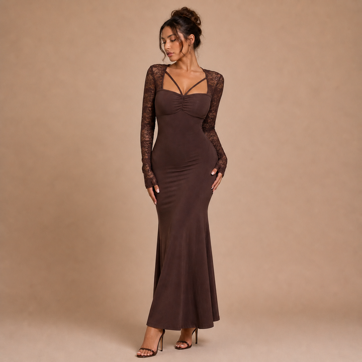 Victoria – Long dress in chocolate shade with lace