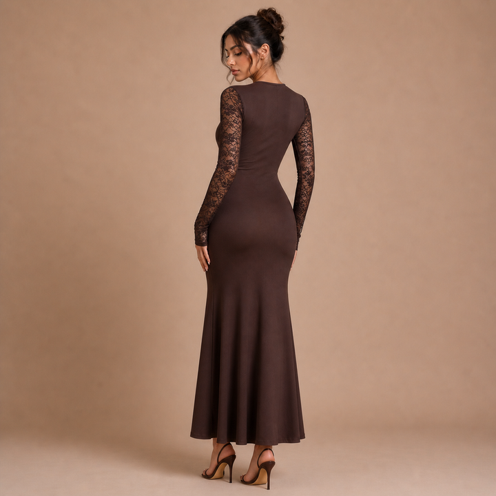 Victoria – Long dress in chocolate shade with lace