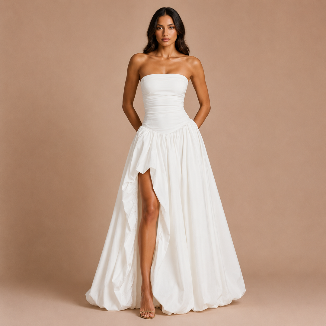 Isabella - Strapless dress with a corset of frills and a puffed skirt