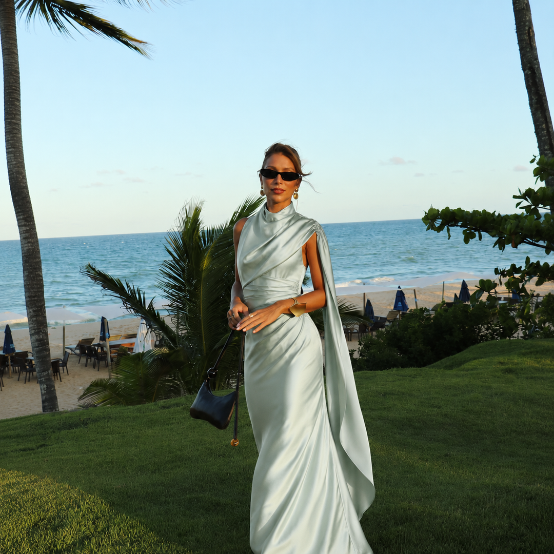 Diana - Long satin dress with high neck and elegant silhouette
