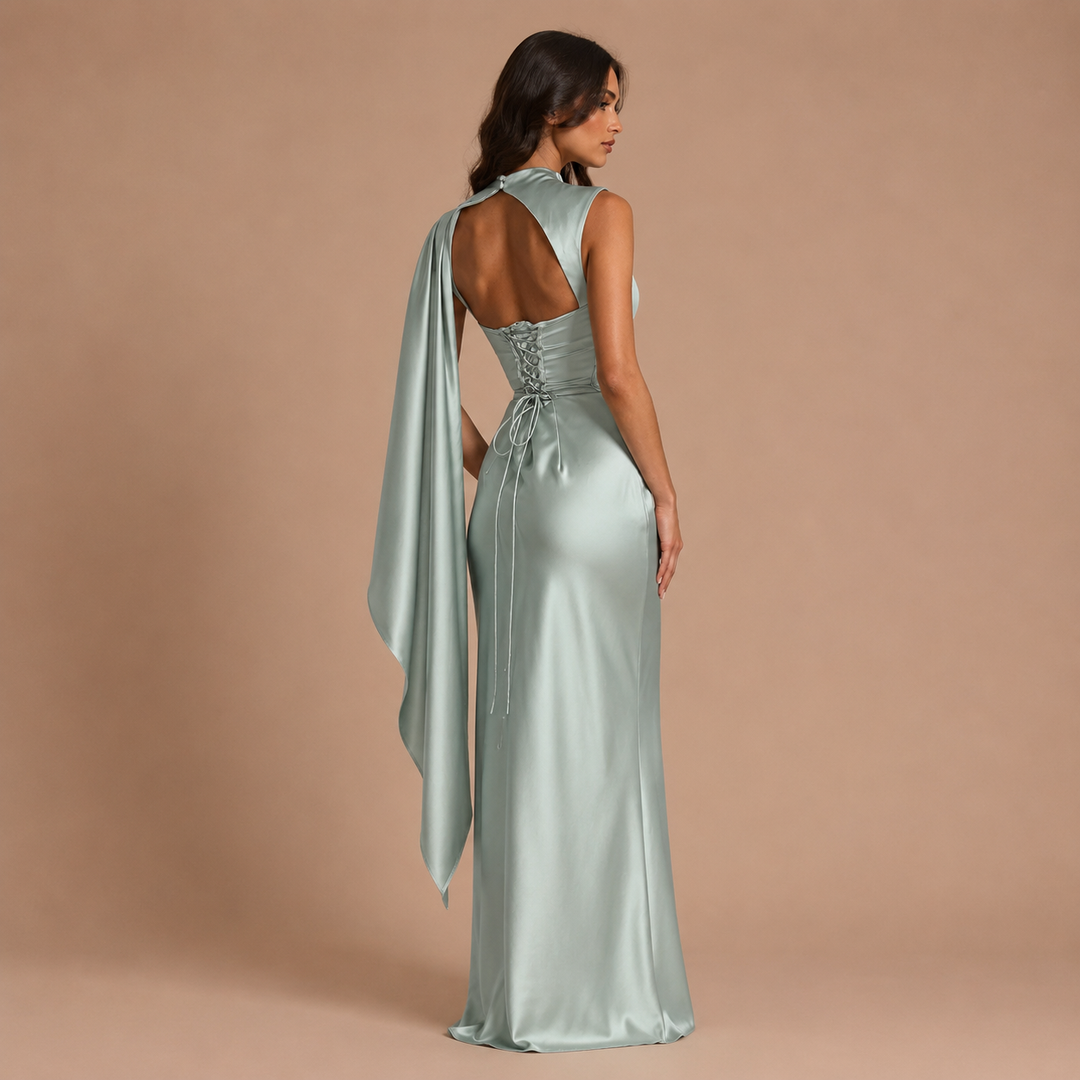 Diana - Long satin dress with high neck and elegant silhouette