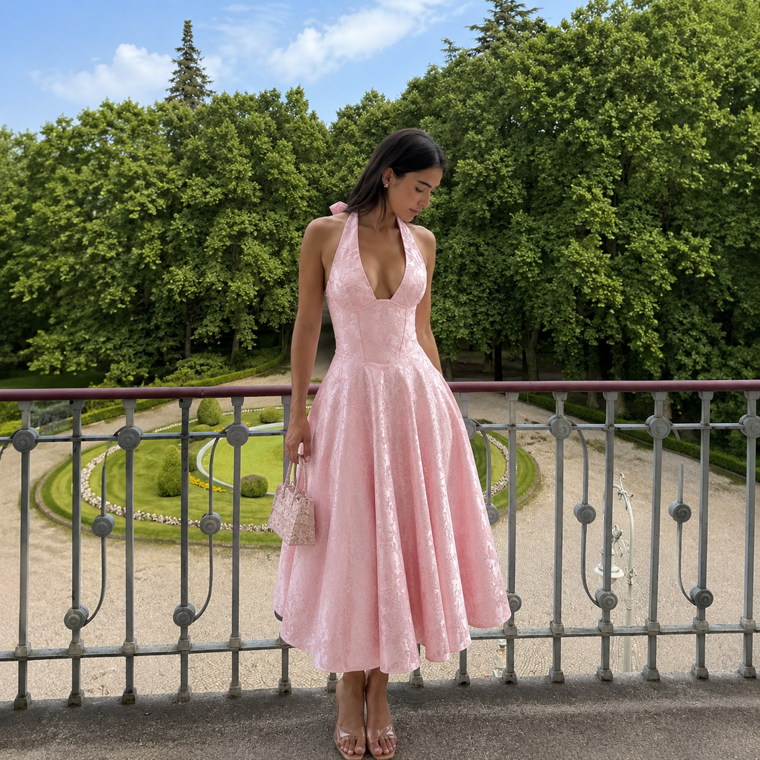 Angela - Halter Midi Dress with Bow and Fluffy Skirt