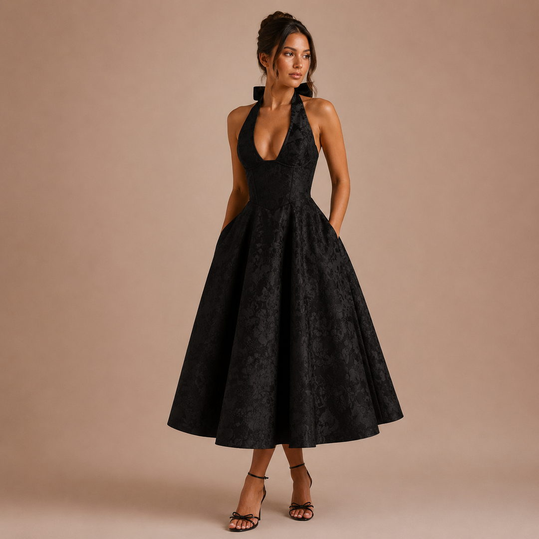 Ángela - Midi Halter Dress with Bow and Flared Skirt