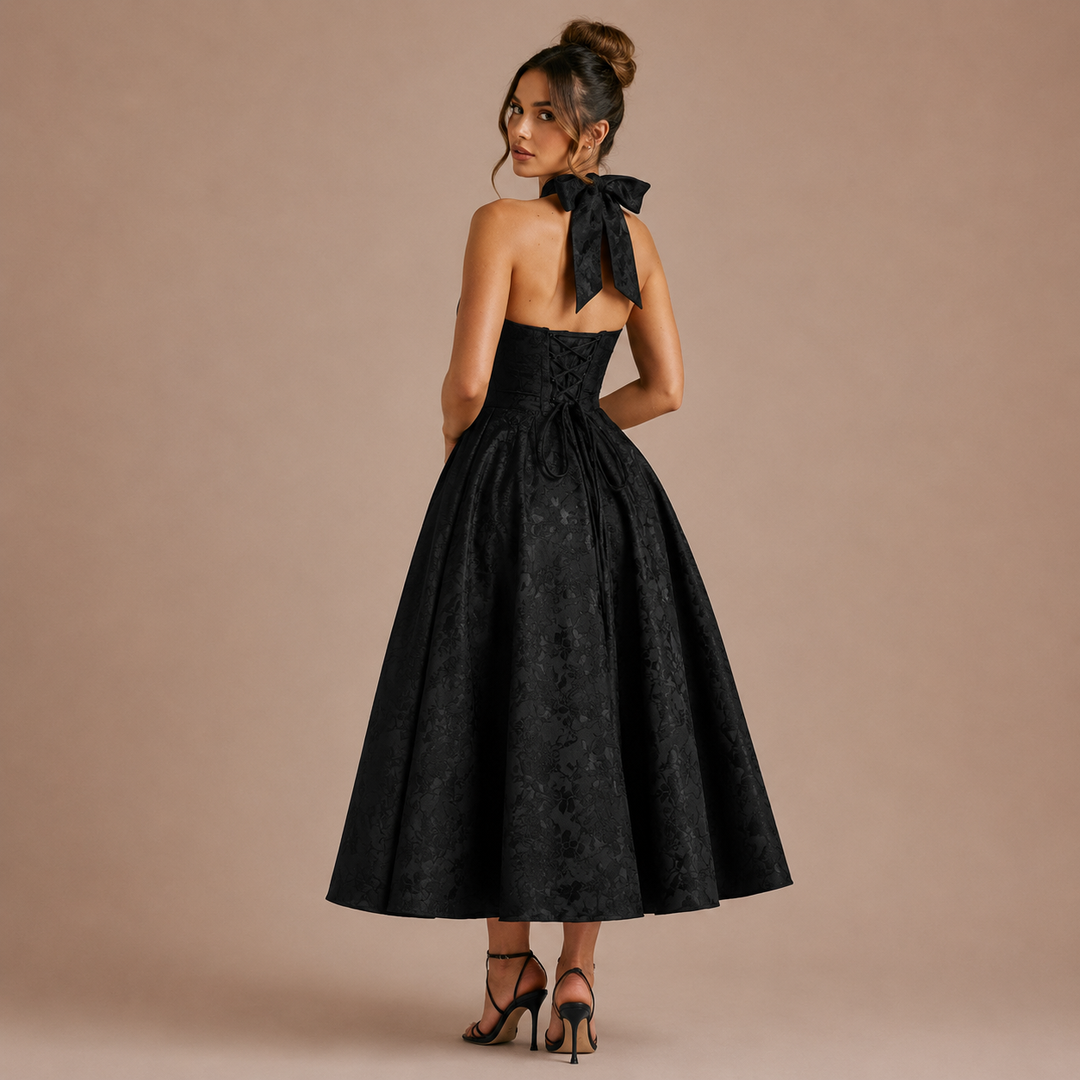 Ángela - Midi Halter Dress with Bow and Flared Skirt