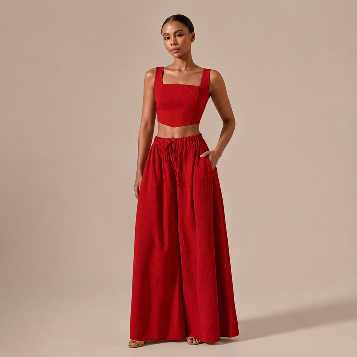 Rocía - Crop Top Set with Straight Neckline and Palazzo Trousers with Cord