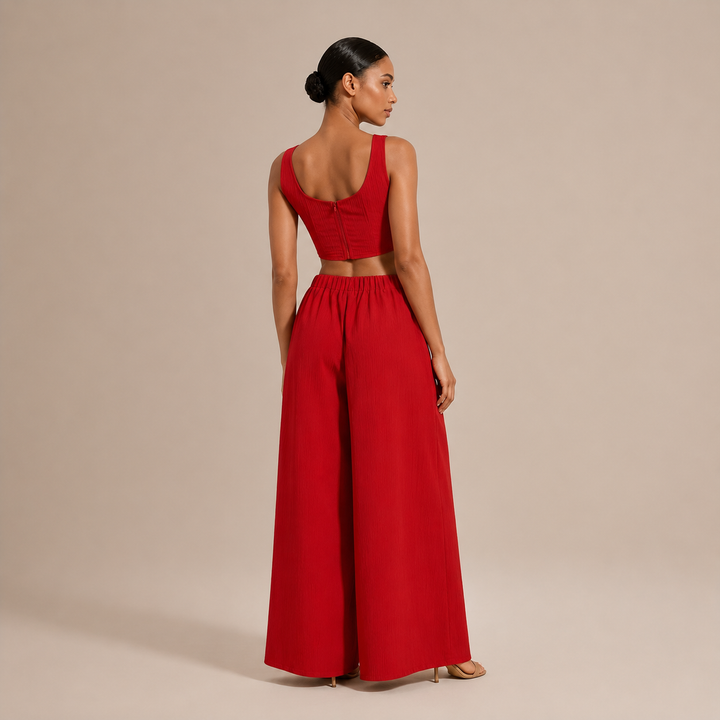 Rocía - Crop Top Set with Straight Neckline and Palazzo Trousers with Cord