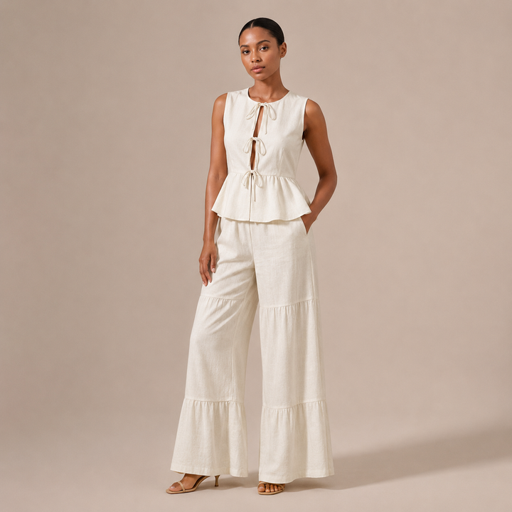 Lucia - Linen clothing set with a top featuring ties and palazzo trousers with puffed details