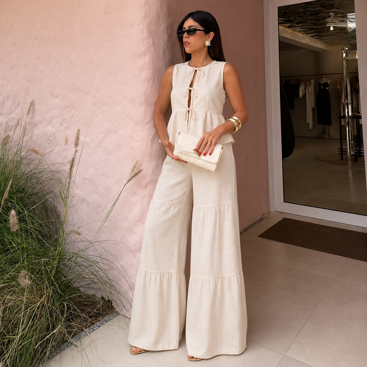 Lucia - Linen clothing set with a top featuring ties and palazzo trousers with puffed details