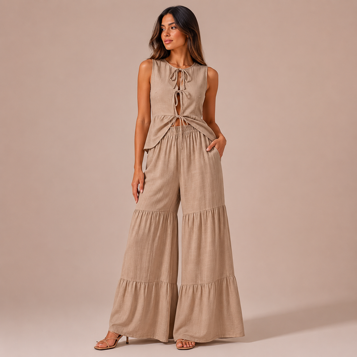 Lucia - Linen Clothing Set: Top with Bows and Palazzo Trousers with Puffed Details