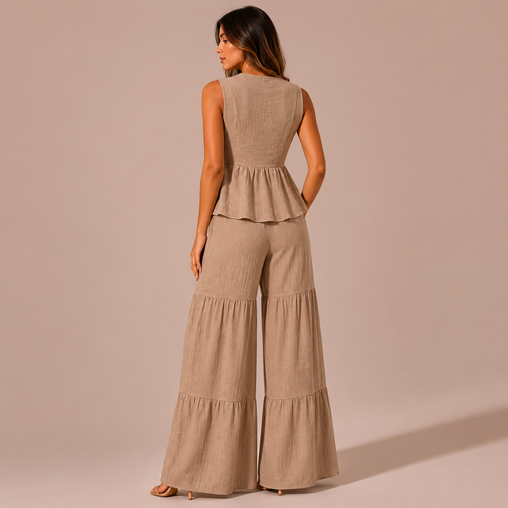 Lucia - Linen Clothing Set: Top with Bows and Palazzo Trousers with Puffed Details