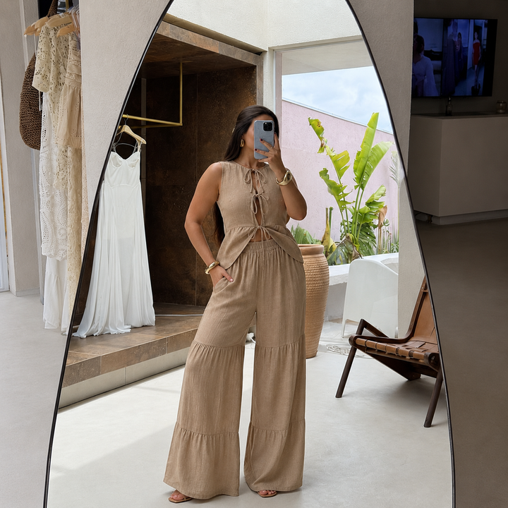 Lucia - Linen Clothing Set: Top with Bows and Palazzo Trousers with Puffed Details