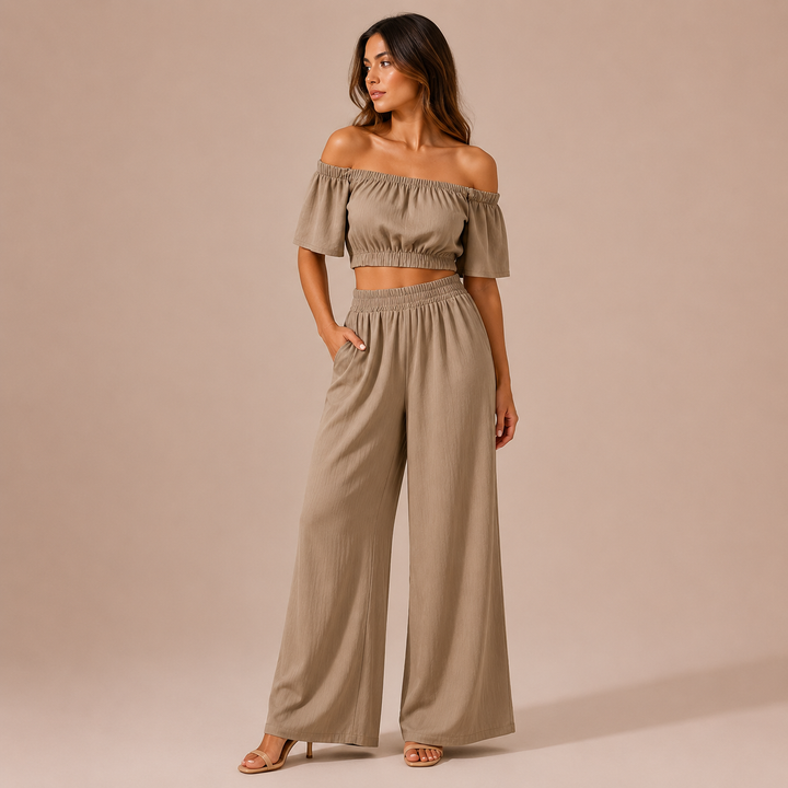 Isa - Crop top set with open shoulders and palazzo trousers
