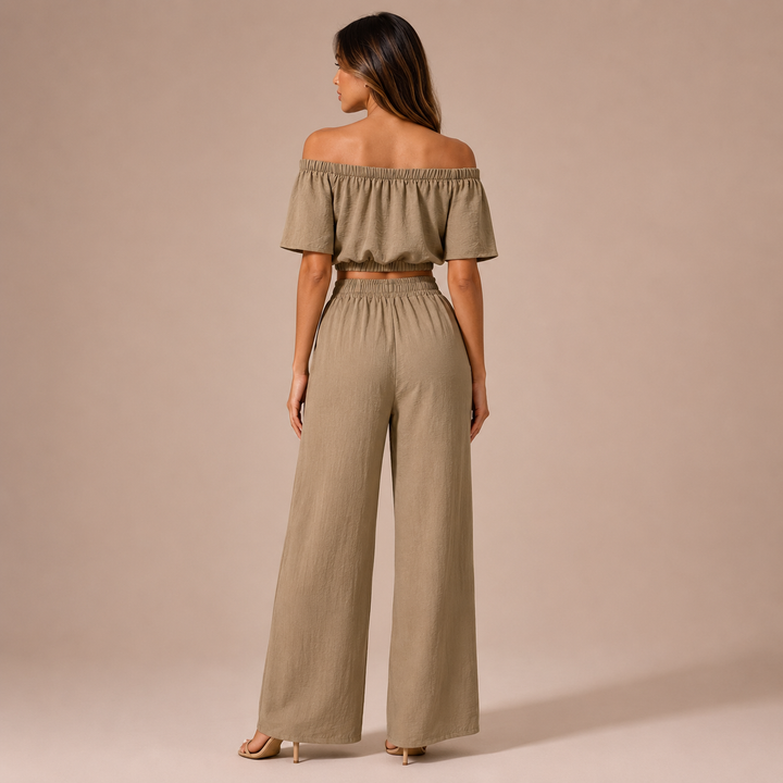 Isa - Crop top set with open shoulders and palazzo trousers