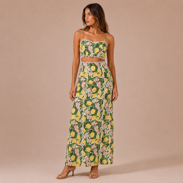 Maria - Lemon Set with Cropped Top with Thin Straps and Maxi Skirt