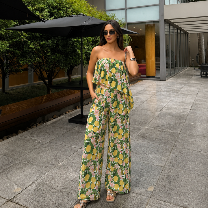 Maria - Lemon Set with Cropped Top with Thin Straps and Maxi Skirt