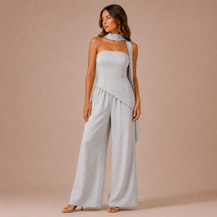 Victoria - Asymmetrical strapless top with scarf and palazzo trousers