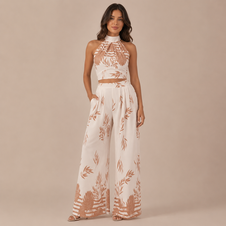 Valeria - Tropical Print Set, Halter Crop Top and Palazzo Trousers