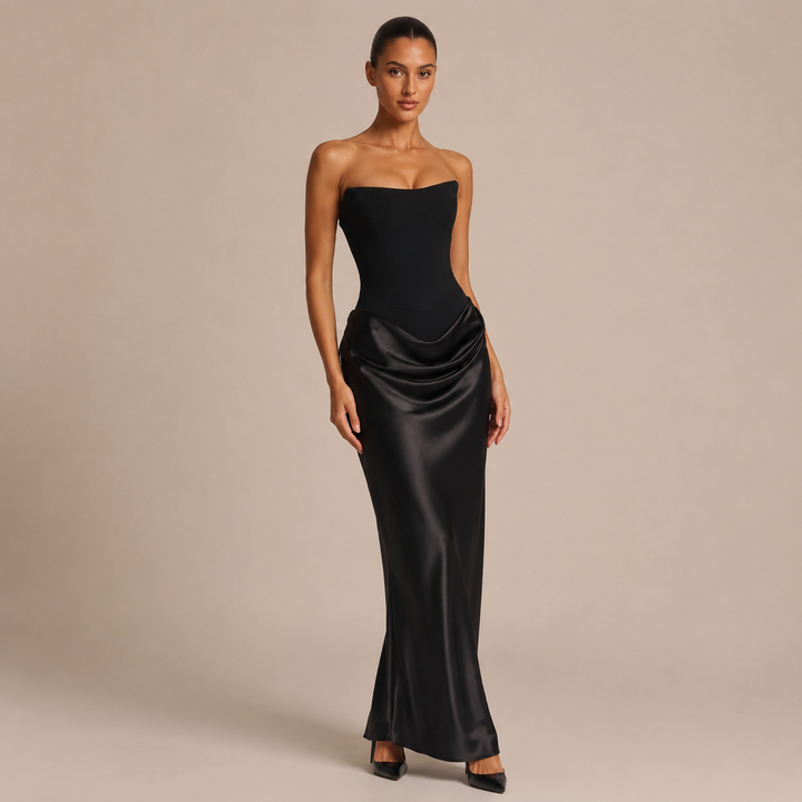 Alejandra - Long strapless dress with structured corset and satin draped skirt