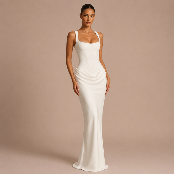 Natalia - Long dress with bust support, wide straps and satin skirt with pleats