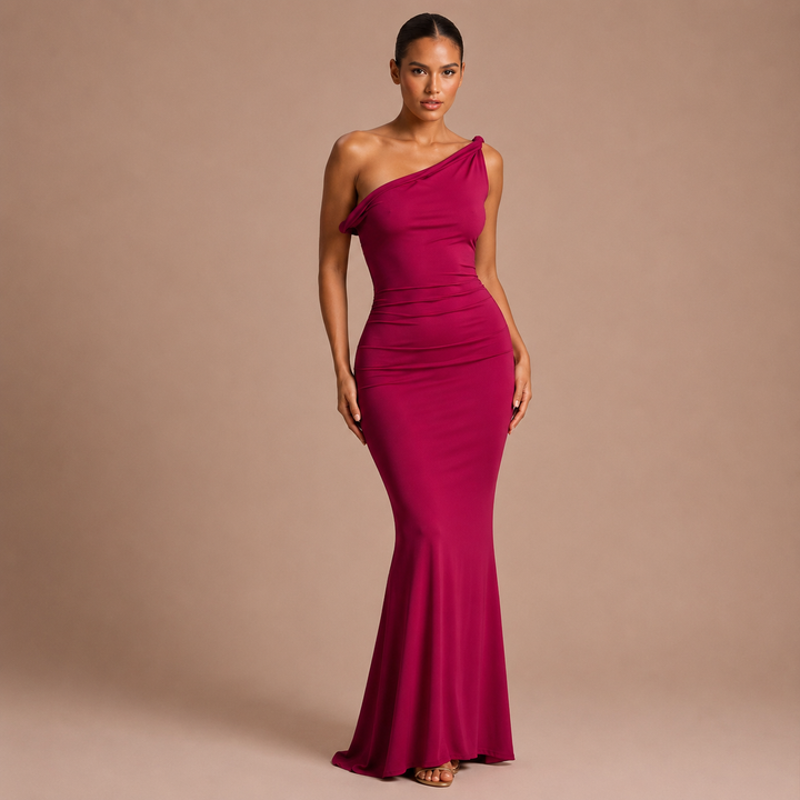 Violet - Long One-Shoulder Dress with Floral Design and Mermaid Skirt