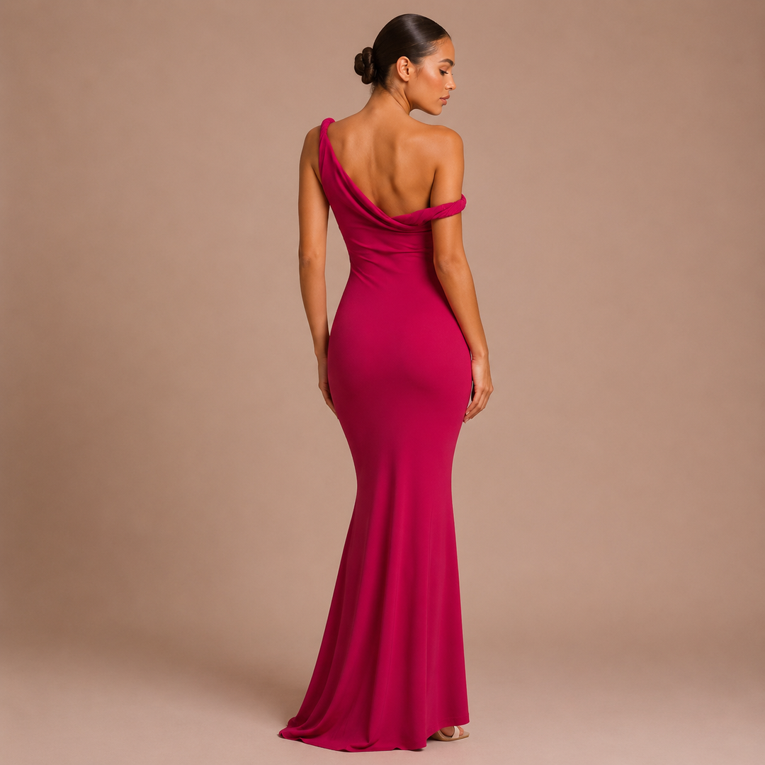 Violet - Long One-Shoulder Dress with Floral Design and Mermaid Skirt