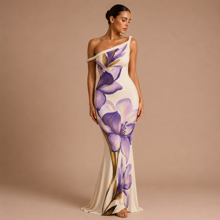Violet - Long One-Shoulder Dress with Floral Pattern and Mermaid Skirt