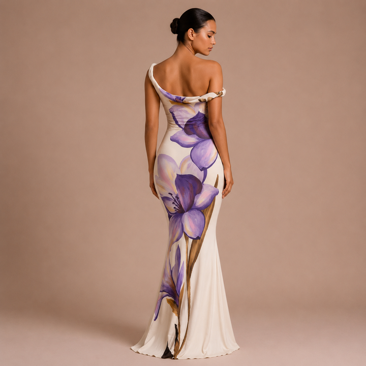 Violet - Long One-Shoulder Dress with Floral Pattern and Mermaid Skirt