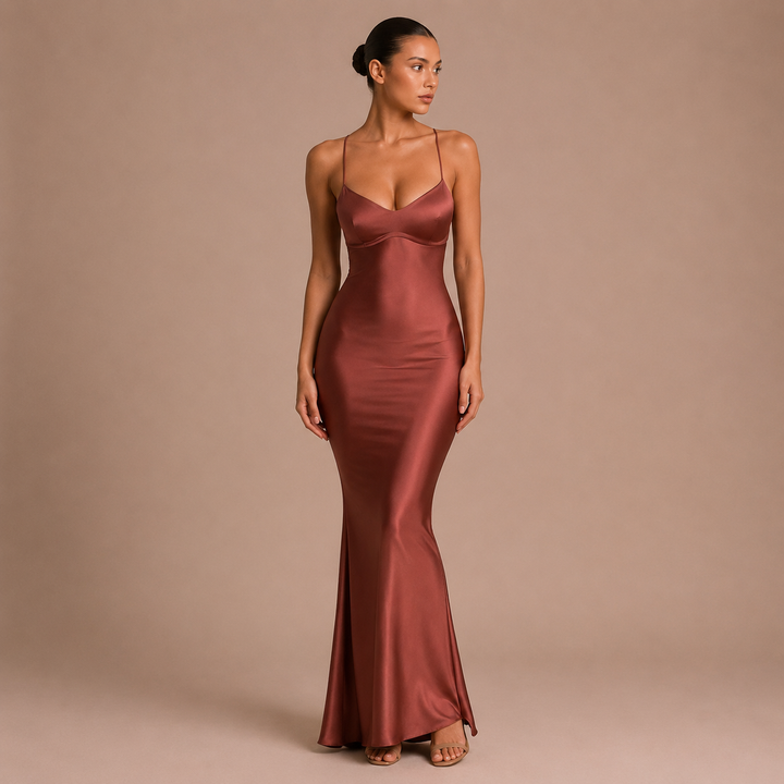 Laura - Long Satin Dress with Thin Straps and V-Neckline
