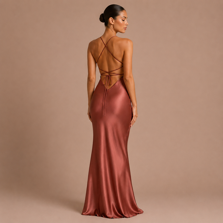 Laura - Long Satin Dress with Thin Straps and V-Neckline
