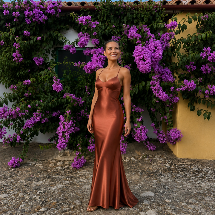 Laura - Long Satin Dress with Thin Straps and V-Neckline