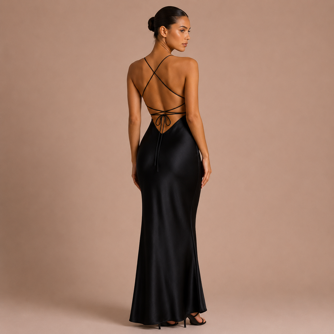 Laura - Maxi satin dress with thin straps and V neckline