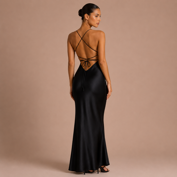 Laura - Maxi satin dress with thin straps and V neckline