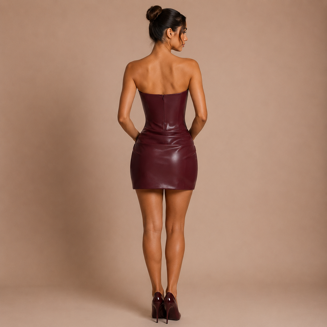 Beatriz - Strapless Mini Leather Dress with Structured Corset and Paneled Skirt