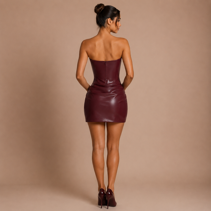 Beatriz - Strapless Mini Leather Dress with Structured Corset and Paneled Skirt